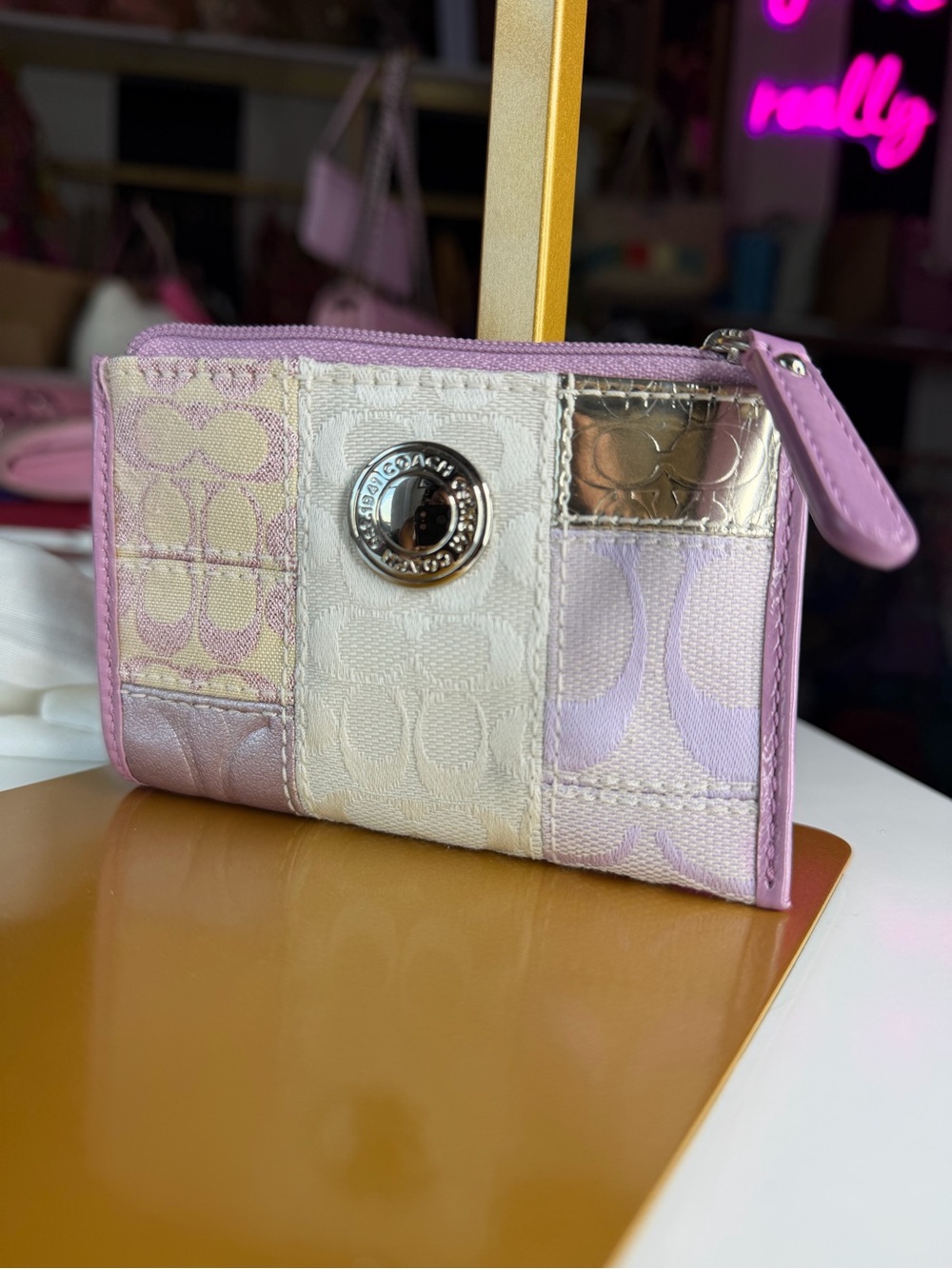 Vintage Y2K Coach Signature Patchwork Mini Skinny Wallet Keychain Pink